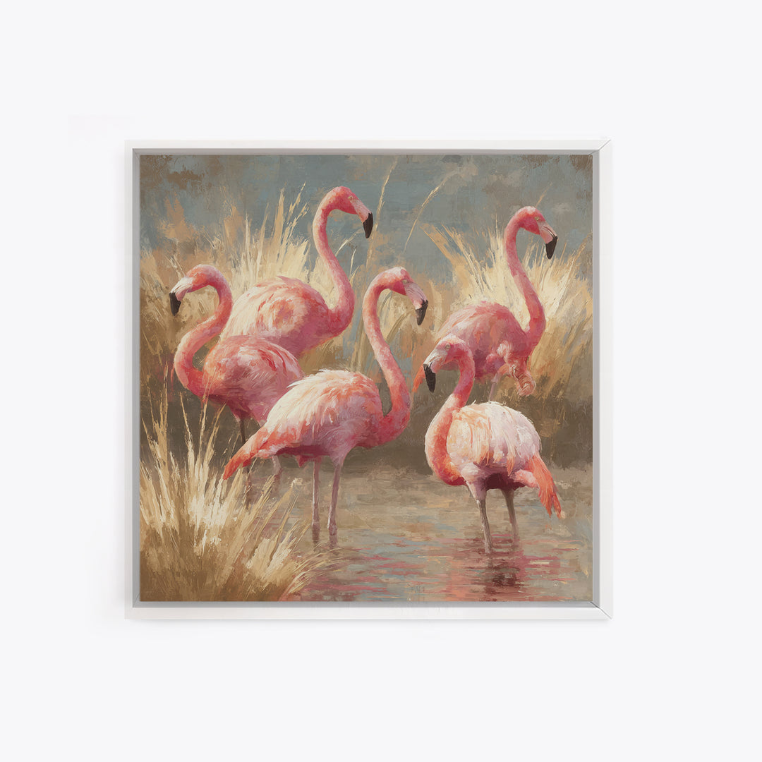 Flamingos in Pink Shallow Water Framed Canvas Print, Wildlife Art, Living Room Art, Living Room Decor, Fine Art, Wild, WIL-1x1-70