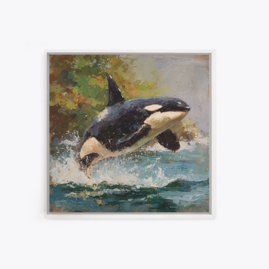 Orca Breaching in Cold Ocean Framed Canvas Print, Wildlife Art, Nature Wall Art, Living Room Decor, Fine Art, Wild, Art Print, WIL-1x1-71