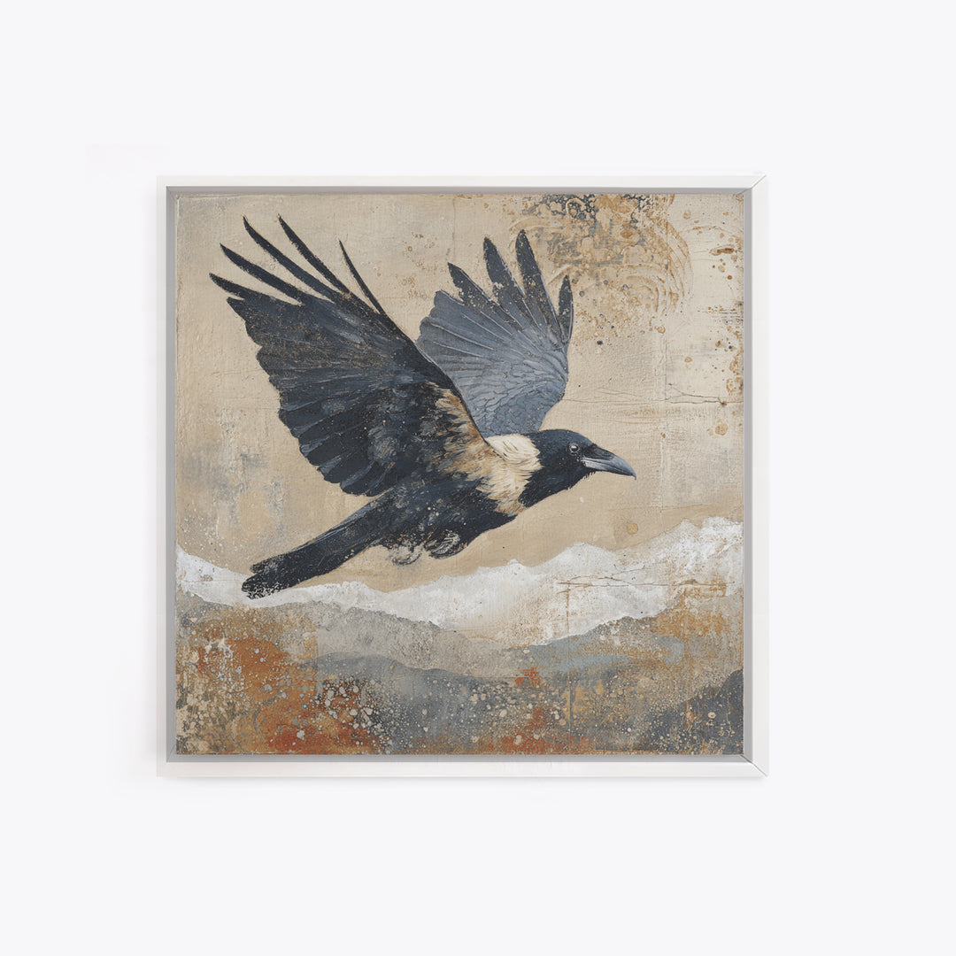 Raven Flying Through Snowy Mountains Framed Canvas Print, Wildlife Art, Bird Wall Art, Living Room Decor, Fine Art, Wild, WIL-1x1-72