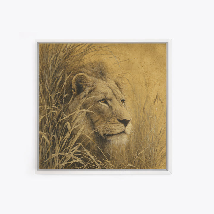 Lion Emerging from Golden Savanna Grass Framed Canvas Print, Wildlife Art, Art Print, Living Room Decor, Watercolor Art, Wild, WIL-1x1-73
