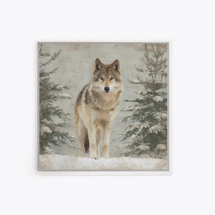 Wolf Standing Beneath Snowy Pine Trees Canvas Print, Wildlife Art, Modern Decor, Living Room Decor, Fine Art, Wild, Home Decor, WIL-1x1-75