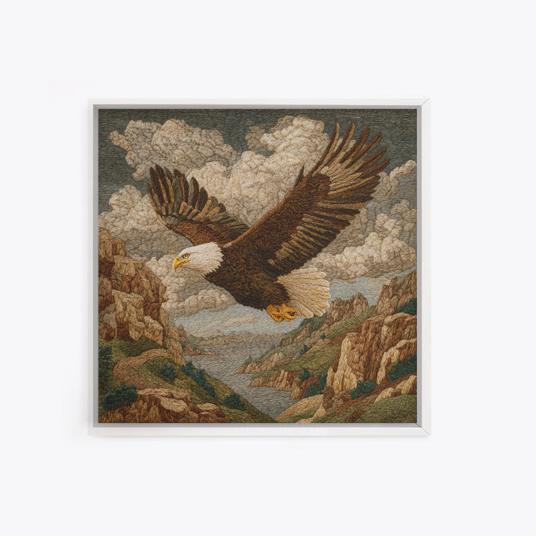 Eagle Soaring Above Rocky Cliffs Framed Canvas Print, Wildlife Art, Gallery Decor, Living Room Decor, Fine Art, Wild, WIL-1x1-78