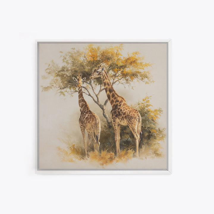 Giraffe Pair under Acacia Tree Framed Canvas Print, Wildlife Art, Fine Art Print, Living Room Decor, Oil Painting, Wild, WIL-1x1-79