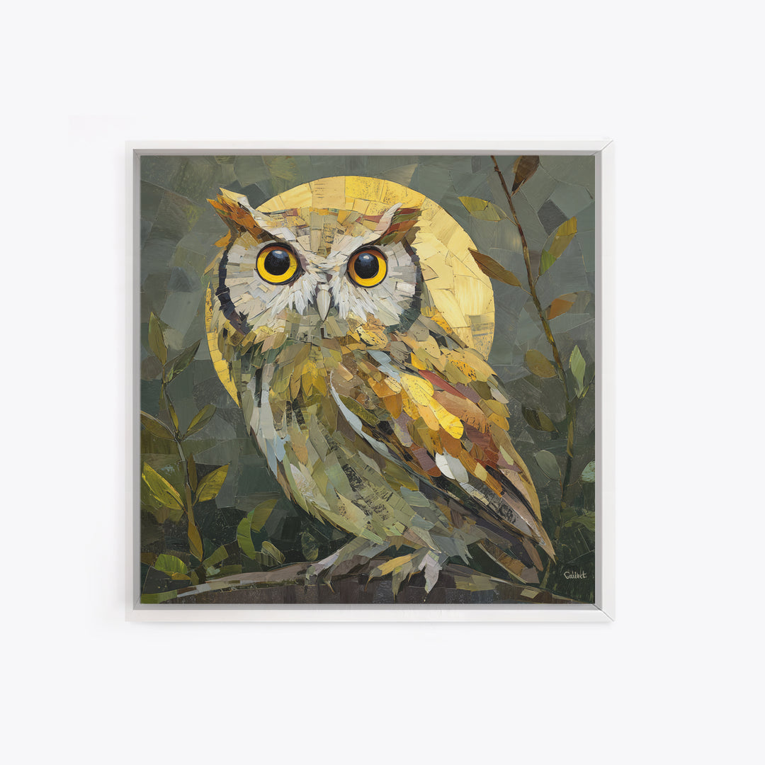 Owl Perched in Moonlit Woodland Framed Canvas Print, Wildlife Art, Nature Wall Art, Living Room Decor, Abstract Art, Wild, WIL-1x1-84