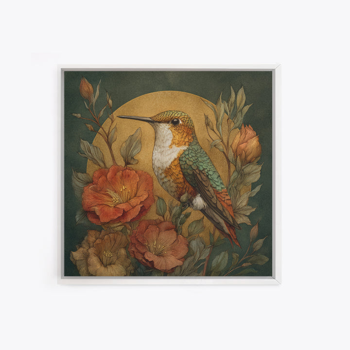 Hummingbird Beside Bright Flowers Framed Canvas Print, Wildlife Art, Textured Painting, Living Room Decor, Oil Painting, Wild, WIL-1x1-88