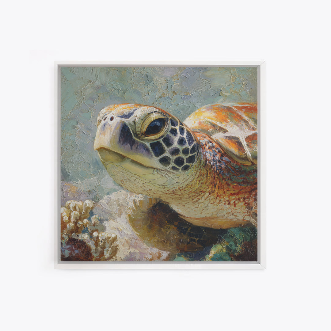 Sea Turtle over Coral Reef Canvas Print, Wildlife Art, Forest Wall Art, Living Room Decor, Fine Art, Wild, Textured Painting, WIL-1x1-90