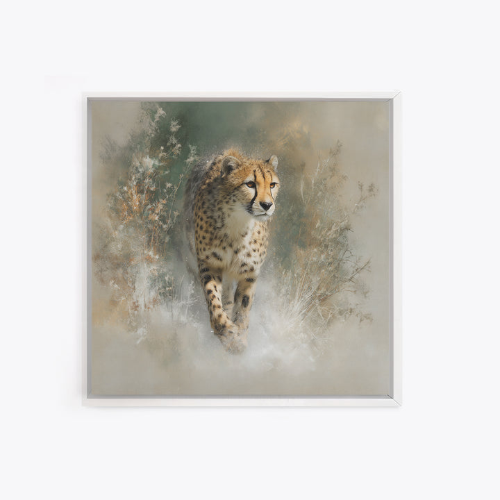 Cheetah Running Through Warm Dust Framed Canvas Print, Wildlife Art, Luxury Decor, Living Room Decor, Oil Painting, Wild, WIL-1x1-93