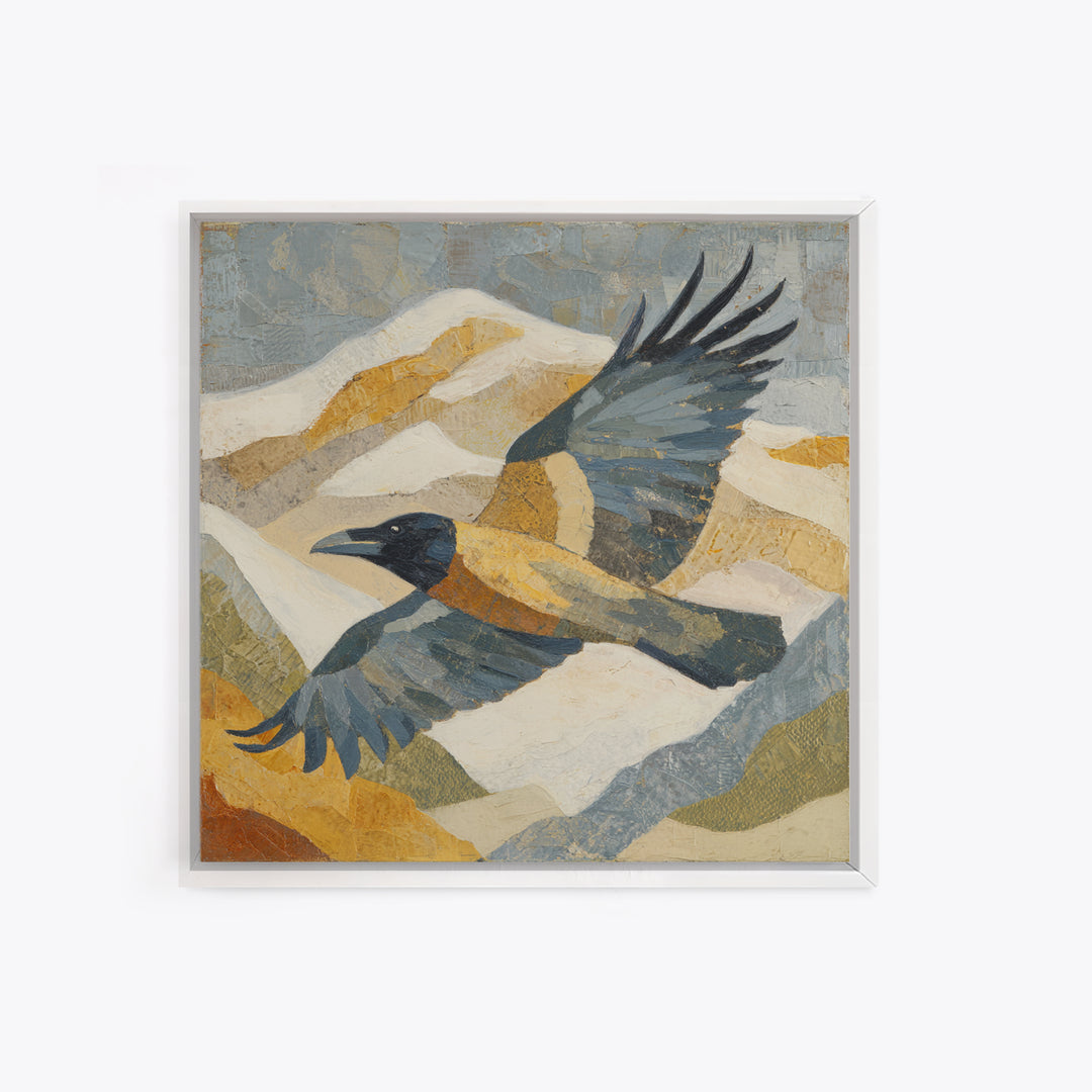 Raven Flying Through Snowy Mountains Framed Canvas Print, Wildlife Art, Painting, Living Room Decor, Watercolor Art, Wild, WIL-1x1-96