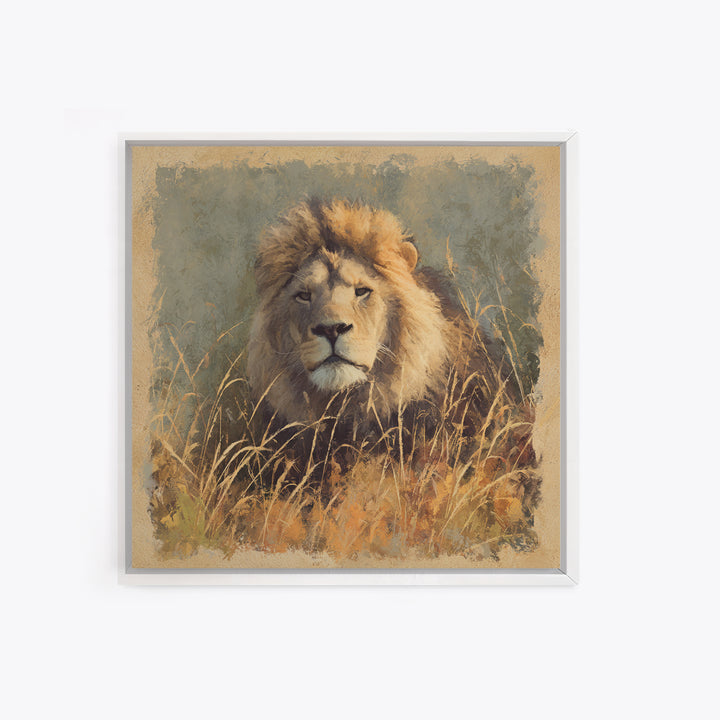 Lion Emerging from Golden Savanna Grass Canvas Print, Wildlife Art, Wall Art, Living Room Decor, Oil Painting, Wild, WIL-1x1-97