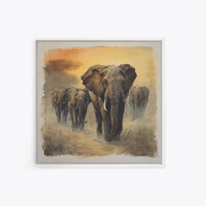 Elephant Herd Walking Through Dusty Sunset Canvas Print, Wildlife Art, Boho Decor, Living Room Decor, Fine Art, Wild, WIL-1x1-98