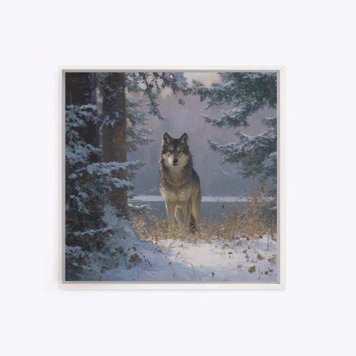 Wolf Standing Beneath Snowy Pine Trees Canvas Print, Wildlife Art, Wall Art, Living Room Decor, Fine Art, Wild, Modern Wall Art, WIL-1x1-99