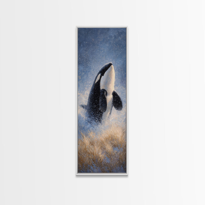 Orca Breaching in Cold Ocean Canvas Print, Wildlife Art, Modern Wall Art, Living Room Decor, Fine Art, Wild, Bird Wall Art, WIL-1x3-11