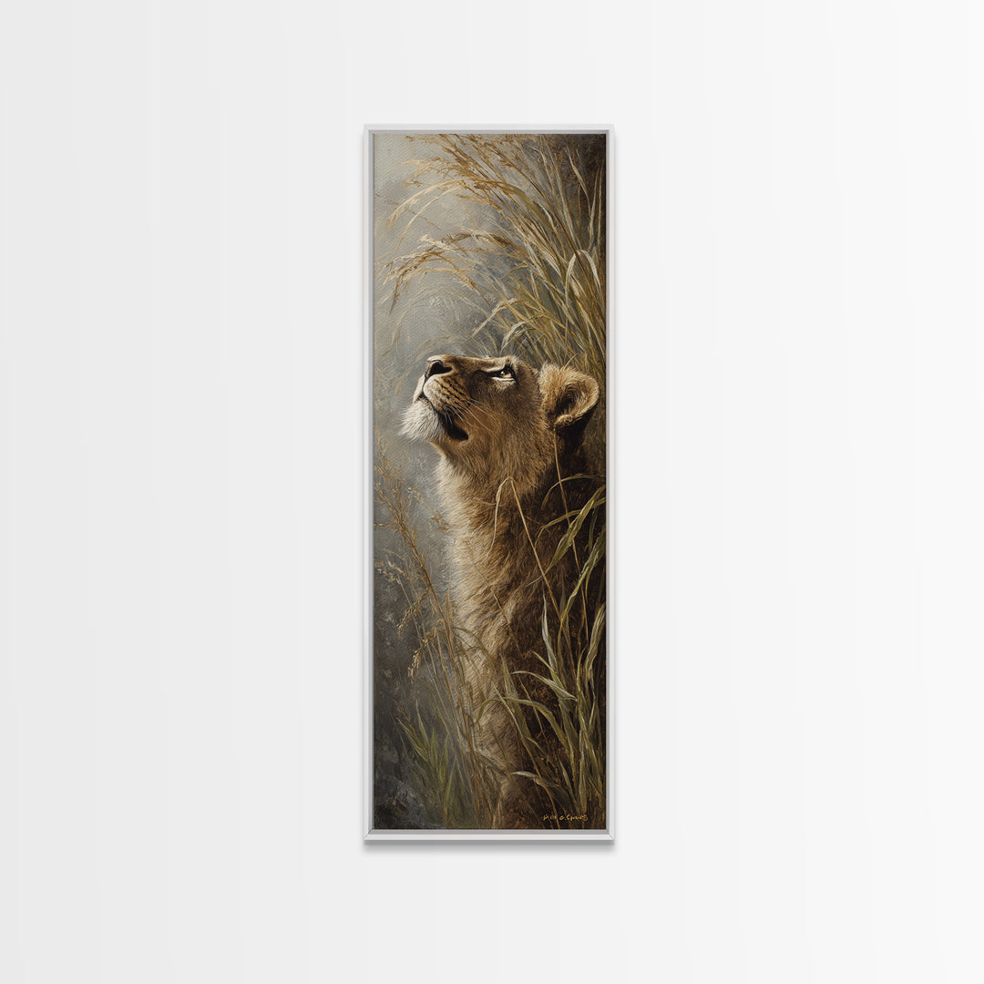 Lion Emerging from Golden Savanna Grass Canvas Print, Wildlife Art, Statement Artwork, Living Room Decor, Fine Art, Wild, WIL-1x3-13