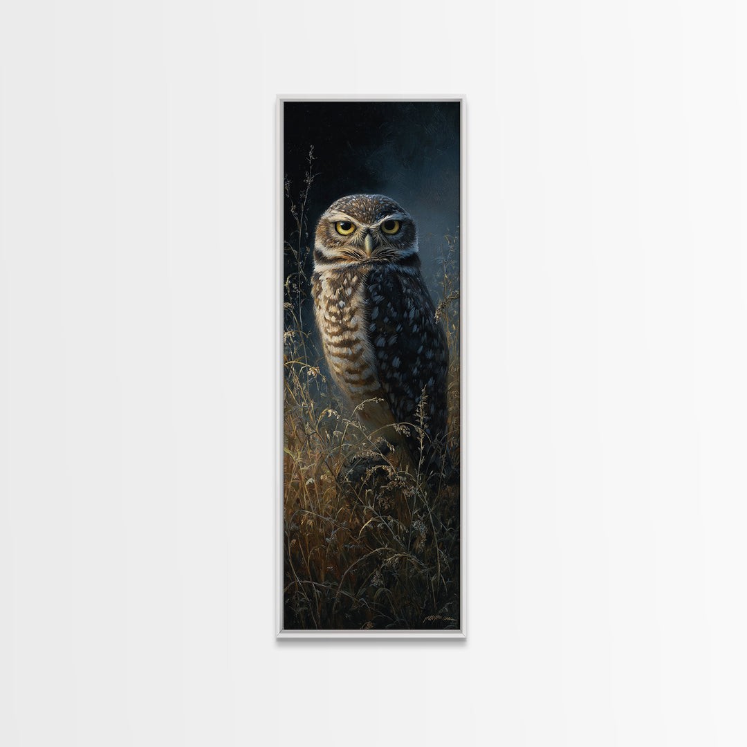Owl Perched in Moonlit Woodland Framed Canvas Print, Wildlife Art, Art Print, Living Room Decor, Wild, Digital Wall Art, WIL-1x3-24
