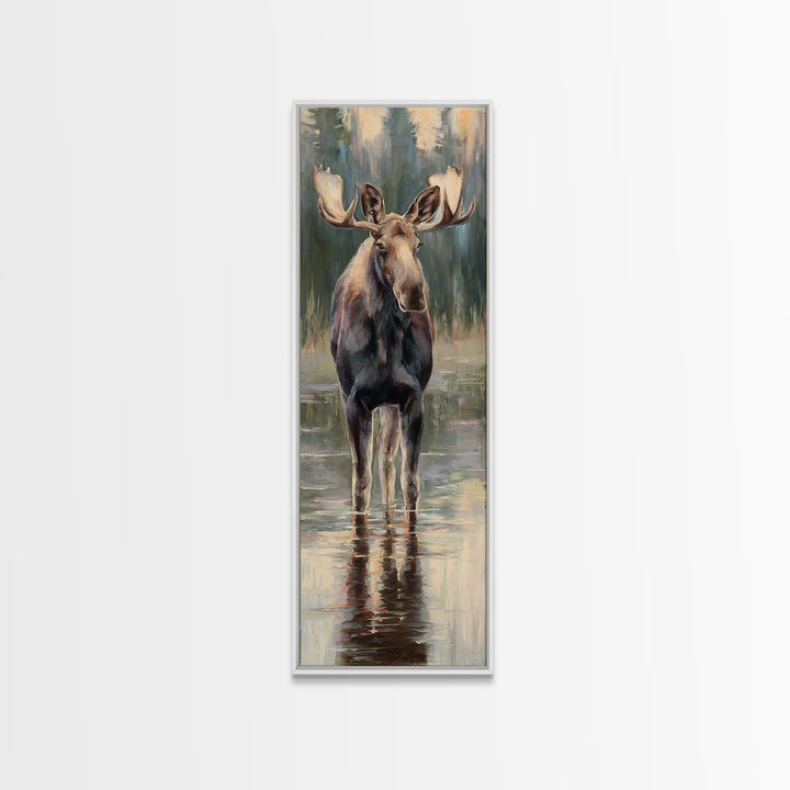 Moose Standing in Reflective Lake Framed Canvas Print, Wildlife Art, Wall Hangings, Living Room Decor, Watercolor Art, Wild, WIL-1x3-31