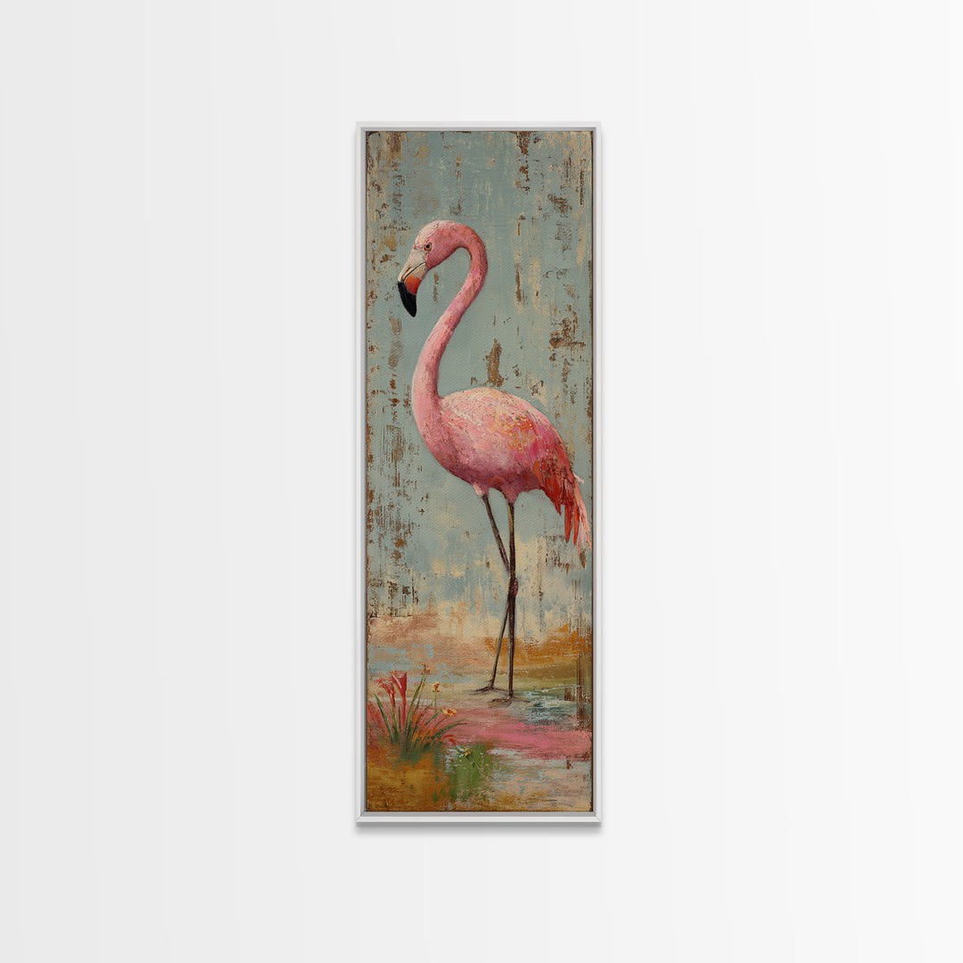 Flamingos in Pink Shallow Water Framed Canvas Print, Wildlife Art, Bird Wall Art, Living Room Decor, Watercolor Art, Wild, WIL-1x3-34