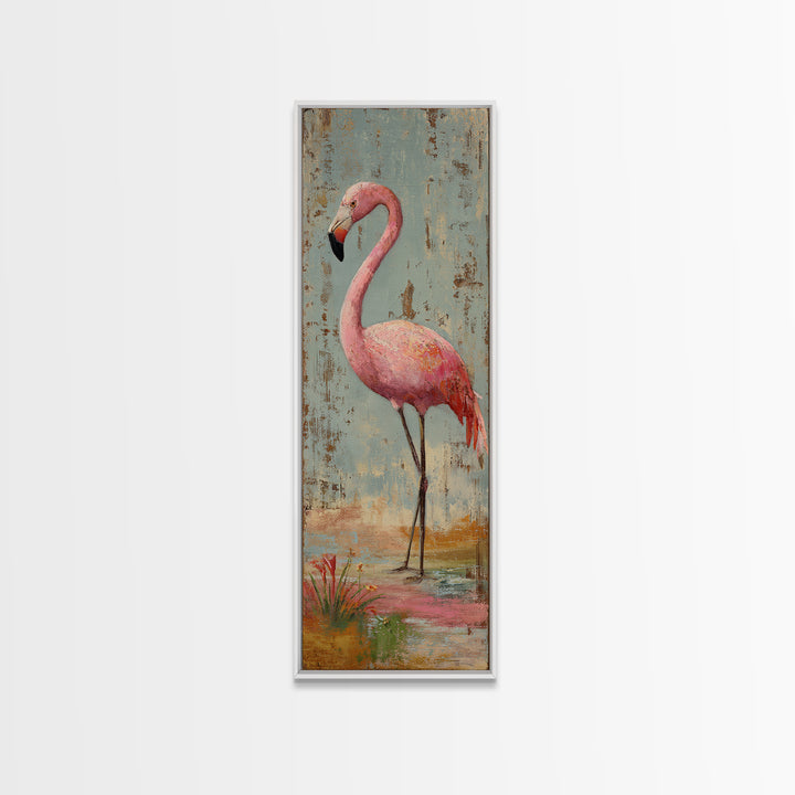 Flamingos in Pink Shallow Water Framed Canvas Print, Wildlife Art, Bird Wall Art, Living Room Decor, Watercolor Art, Wild, WIL-1x3-34