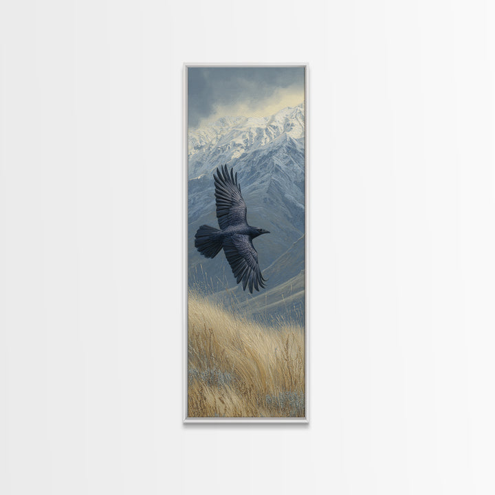 Raven Flying Through Snowy Mountains Framed Canvas Print, Wildlife Art, Living Room Decor, Watercolor Art, Wild, WIL-1x3-36
