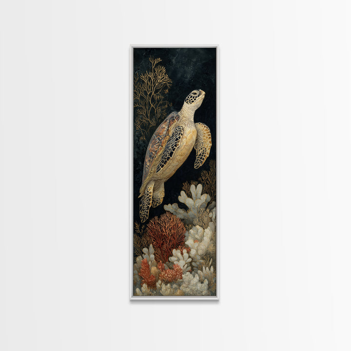 Sea Turtle over Coral Reef Framed Canvas Print, Wildlife Art, Canvas Painting, Living Room Decor, Oil Painting, Wild, WIL-1x3-54