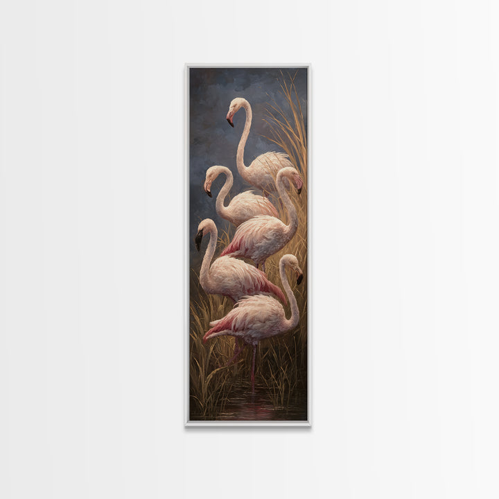 Flamingos in Pink Shallow Water Framed Canvas Print, Wildlife Art, Bird Wall Art, Living Room Decor, Watercolor Art, Wild, WIL-1x3-58
