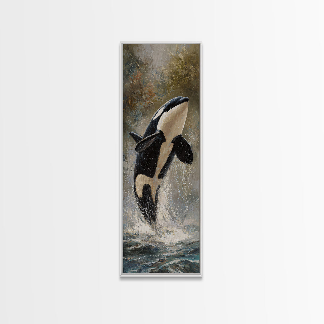 Orca Breaching in Cold Ocean Canvas Print, Wildlife Art, Wall Art Print, Living Room Decor, Oil Painting, Wild, Canvas Painting, WIL-1x3-59