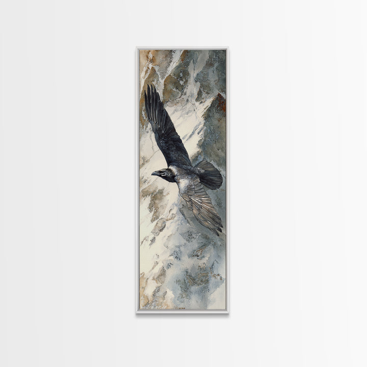 Raven Flying Through Snowy Mountains Canvas Print, Wildlife Art, Wall Decor, Living Room Decor, Wild, Living Room Wall Art, WIL-1x3-60