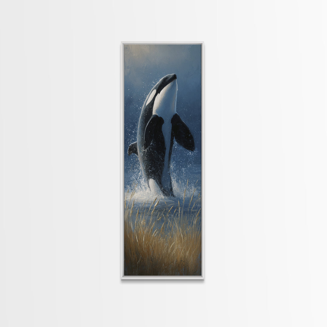 Orca Breaching in Cold Ocean Framed Canvas Print, Wildlife Art, Bird Art, Living Room Decor, Fine Art, Wild, Original Artwork, WIL-1x3-83