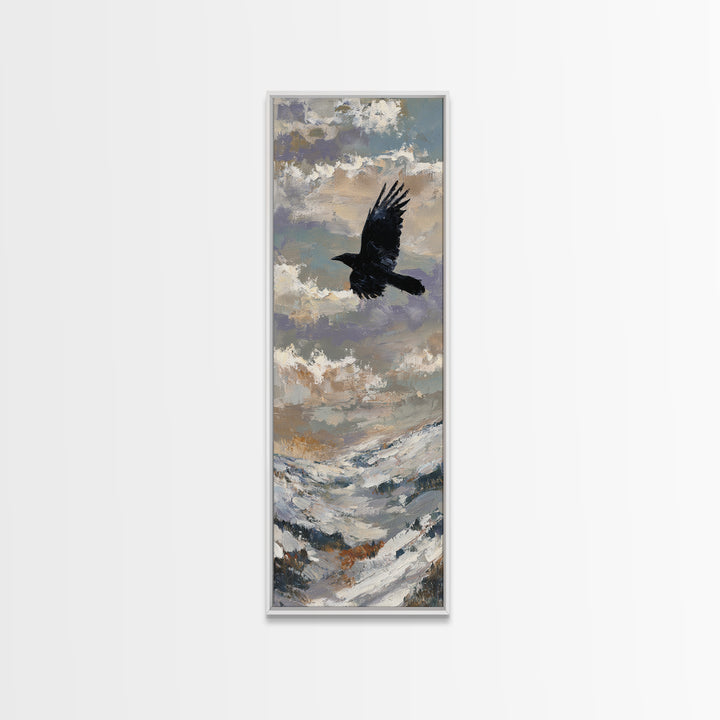 Raven Flying Through Snowy Mountains Framed Canvas Print, Wildlife Art, Original Art, Living Room Decor, Oil Painting, Wild, WIL-1x3-84