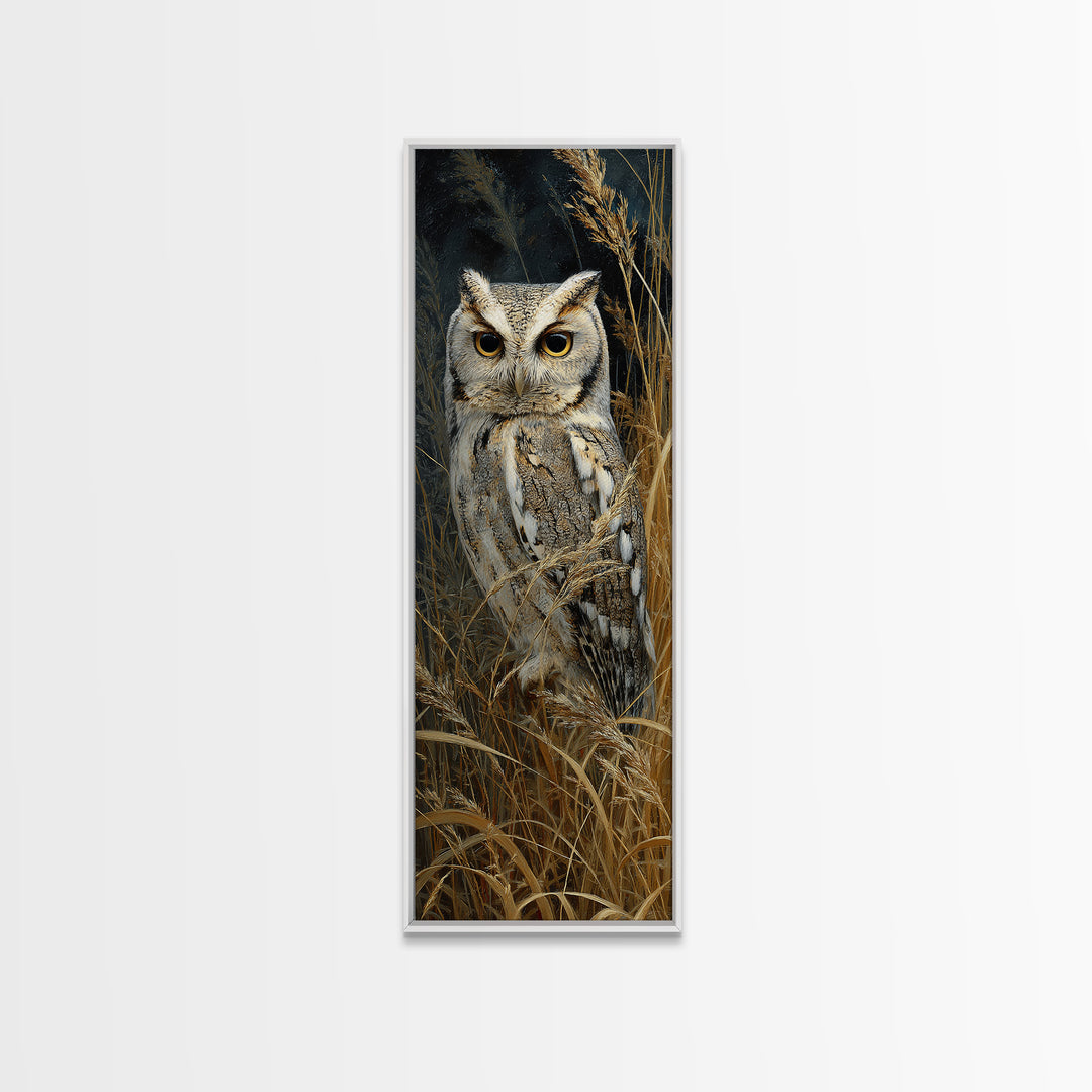 Owl Perched in Moonlit Woodland Framed Canvas Print, Wildlife Art, Bird Art, Living Room Decor, Abstract Art, Wild, WIL-1x3-96