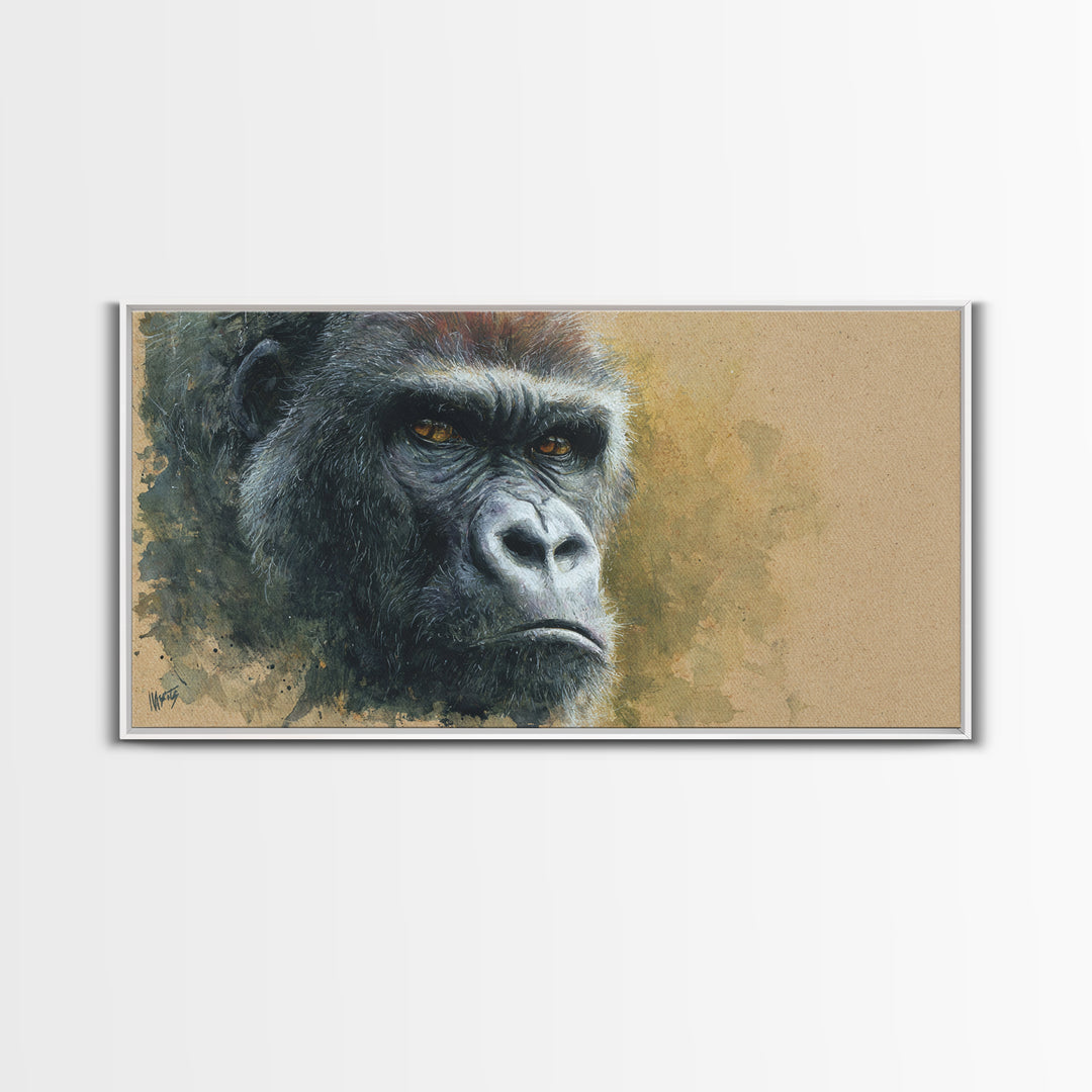 Gorilla Portrait with Powerful Gaze Framed Canvas Print, Wildlife Art, Minimalist Decor, Living Room Decor, Oil Painting, Wild, WIL-2x1-13