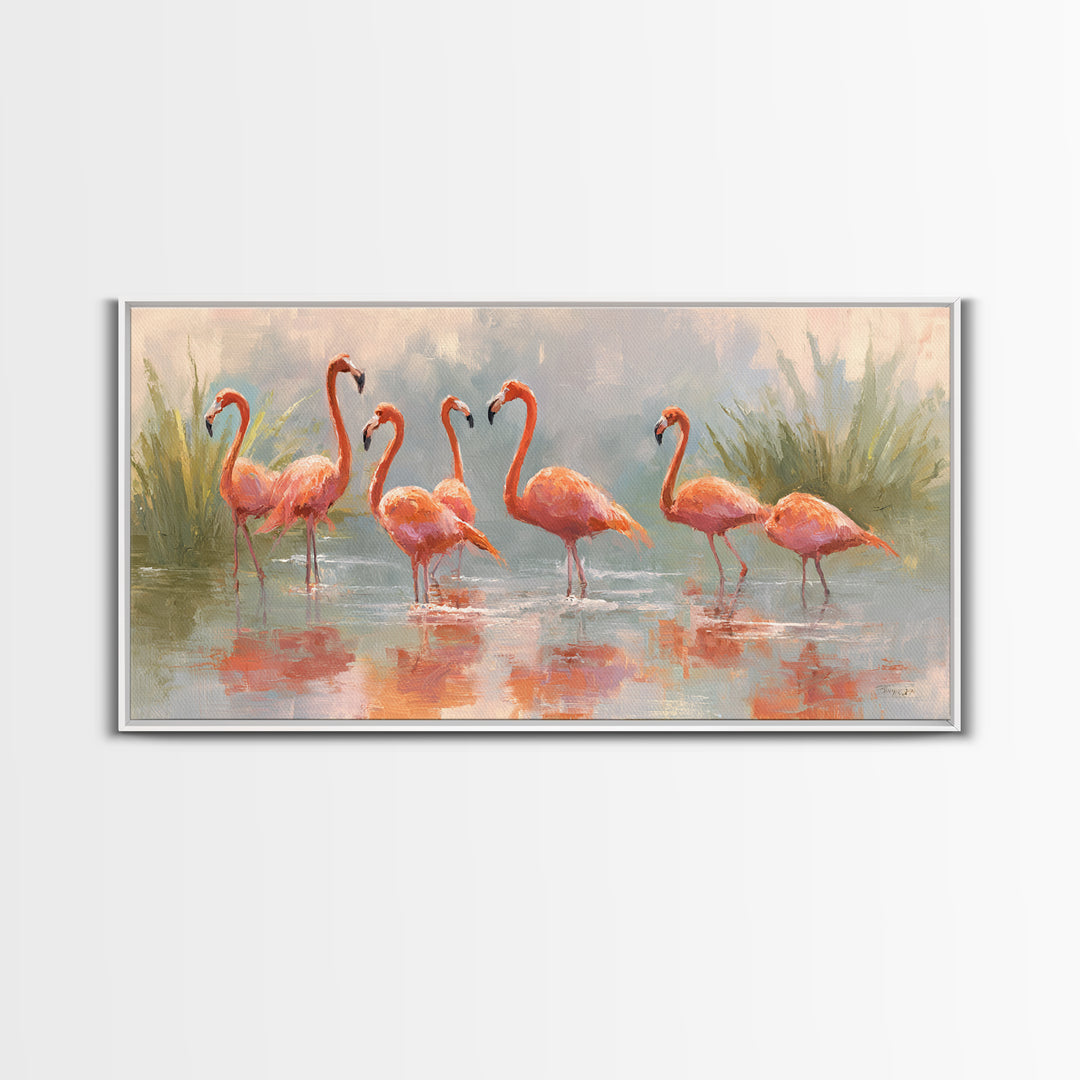 Flamingos in Pink Shallow Water Framed Canvas Print, Wildlife Art, Statement Artwork, Living Room Decor, Fine Art, Wild, WIL-2x1-18
