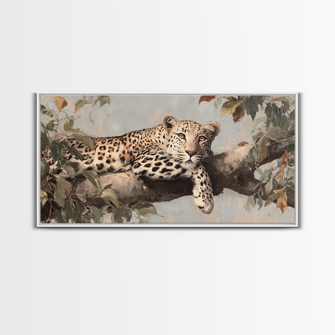 Leopard Resting on Tree Branch Framed Canvas Print, Wildlife Art, Art Print, Living Room Decor, Watercolor Art, Wild, WIL-2x1-34