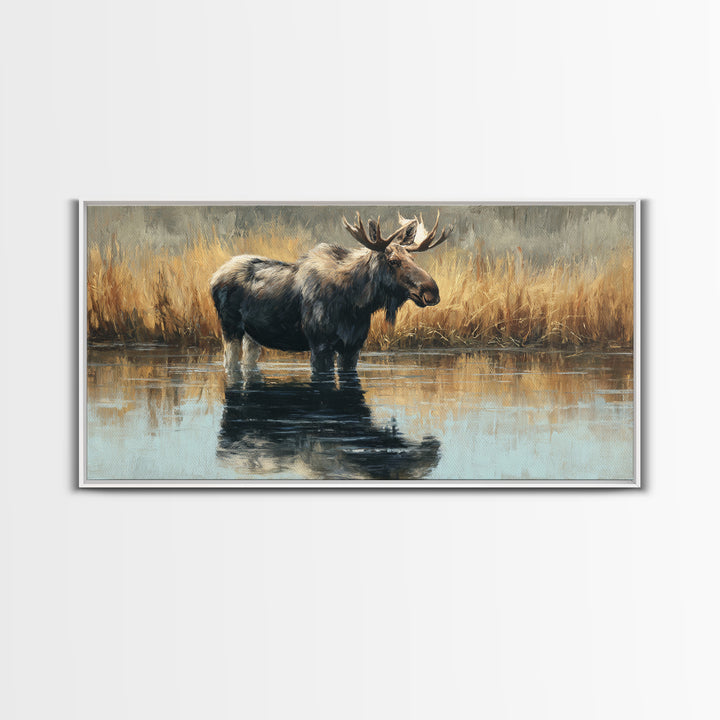 Moose Standing in Reflective Lake Canvas Print, Wildlife Art, Painting, Living Room Decor, Fine Art, Wild, Living Room Wall Art, WIL-2x1-39