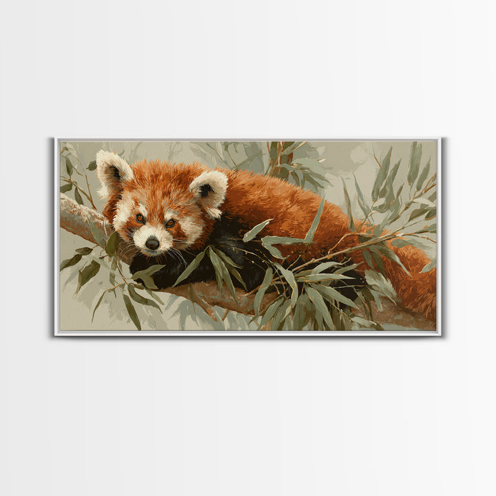 Red Panda Among Bamboo Leaves Framed Canvas Print, Wildlife Art, Home Decor, Living Room Decor, Fine Art, Wild, Boho Wall Decor, WIL-2x1-40