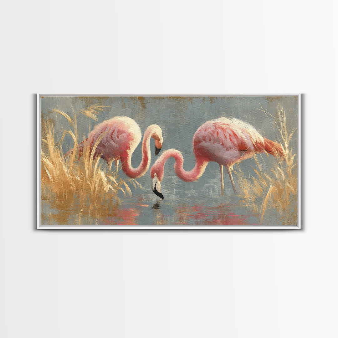Flamingos in Pink Shallow Water Framed Canvas Print, Wildlife Art, Statement Artwork, Living Room Decor, Fine Art, Wild, WIL-2x1-42