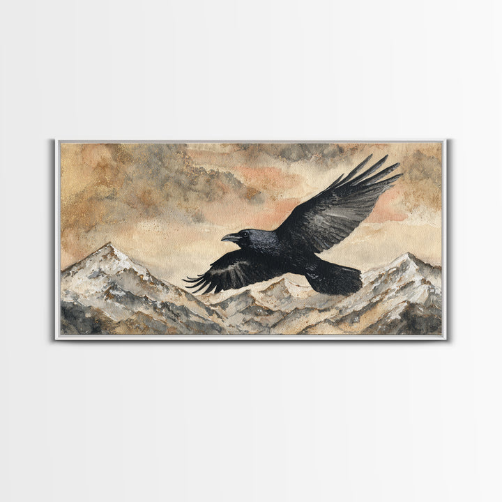 Raven Flying Through Snowy Mountains Canvas Print, Wildlife Art, Textured Painting, Living Room Decor, Fine Art, Wild, WIL-2x1-44