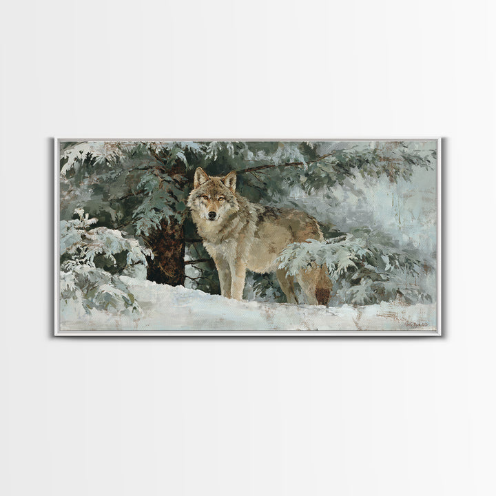 Wolf Standing Beneath Snowy Pine Trees Canvas Print, Wildlife Art, Wall Art Print, Living Room Decor, Oil Painting, Wild, WIL-2x1-47
