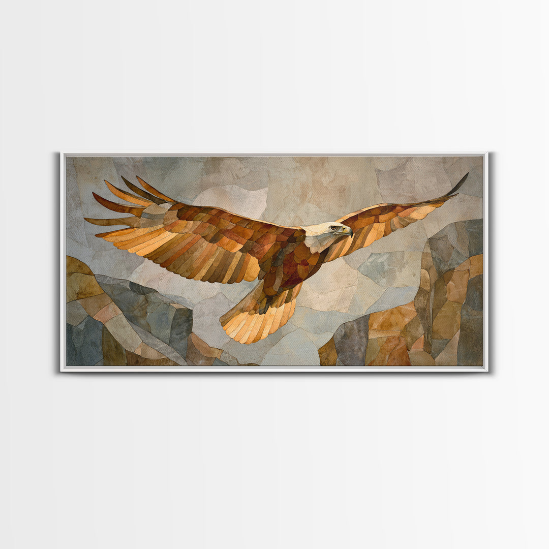 Eagle Soaring Above Rocky Cliffs Framed Canvas Print, Wildlife Art, Minimalist Decor, Living Room Decor, Fine Art, Wild, WIL-2x1-50