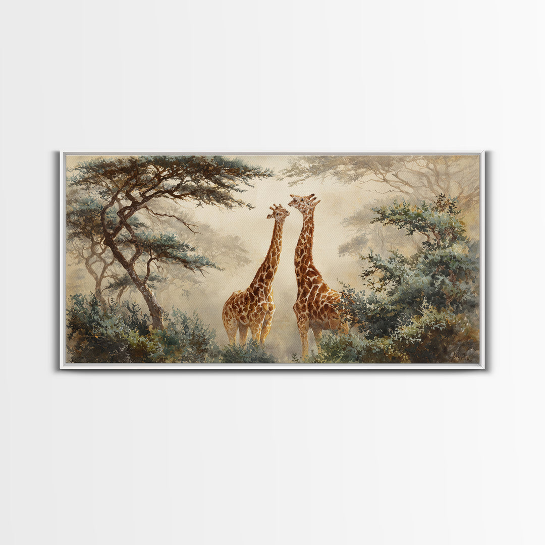 Giraffe Pair under Acacia Tree Framed Canvas Print, Wildlife Art, Modern Wall Art, Living Room Decor, Watercolor Art, Wild, WIL-2x1-51