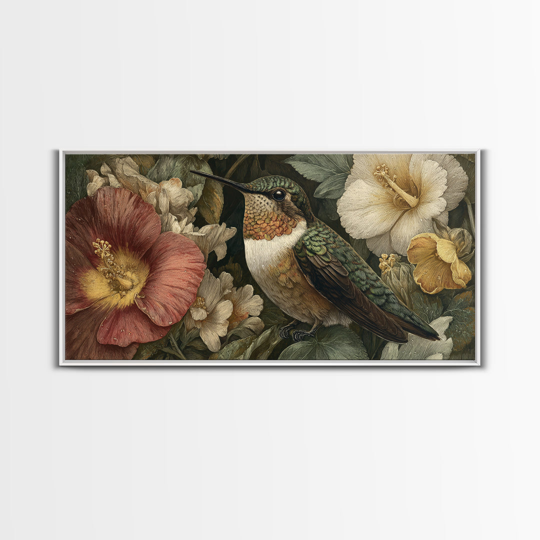 Hummingbird Beside Bright Flowers Framed Canvas Print, Wildlife Art, Oil Painting, Living Room Decor, Fine Art, Wild, WIL-2x1-60