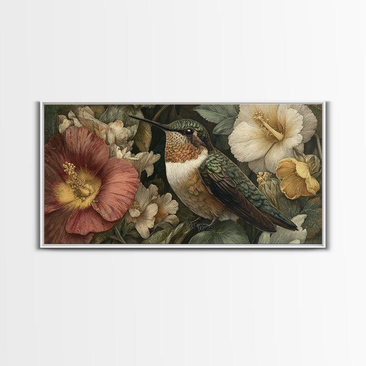 Hummingbird Beside Bright Flowers Framed Canvas Print, Wildlife Art, Oil Painting, Living Room Decor, Fine Art, Wild, WIL-2x1-60