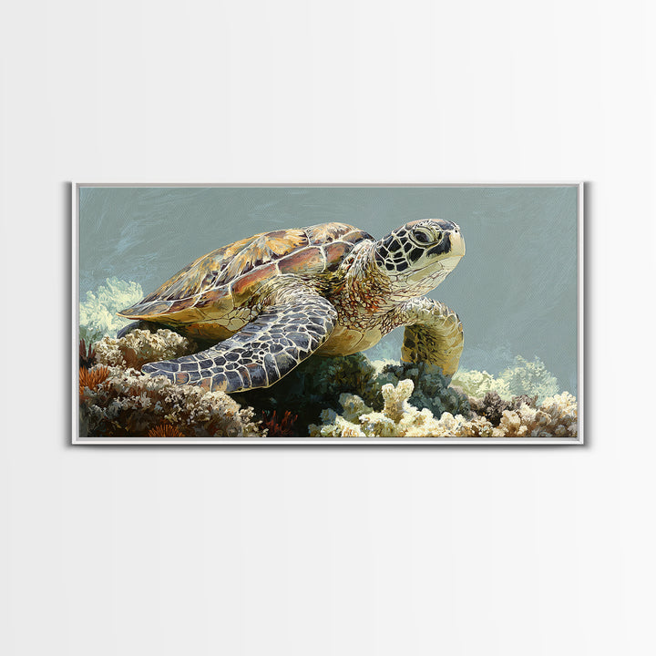 Sea Turtle over Coral Reef Canvas Print, Wildlife Art, Room Decor, Living Room Decor, Oil Painting, Wild, Large Wall Art, WIL-2x1-62