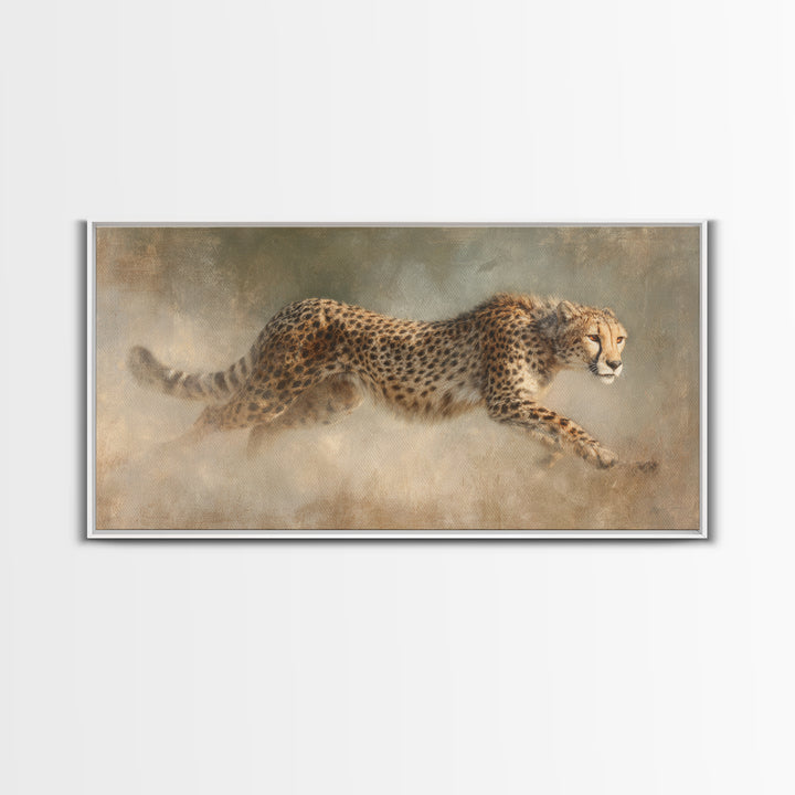 Cheetah Running Through Warm Dust Framed Canvas Print, Wildlife Art, Wall Hangings, Living Room Decor, Abstract Art, Wild, WIL-2x1-65