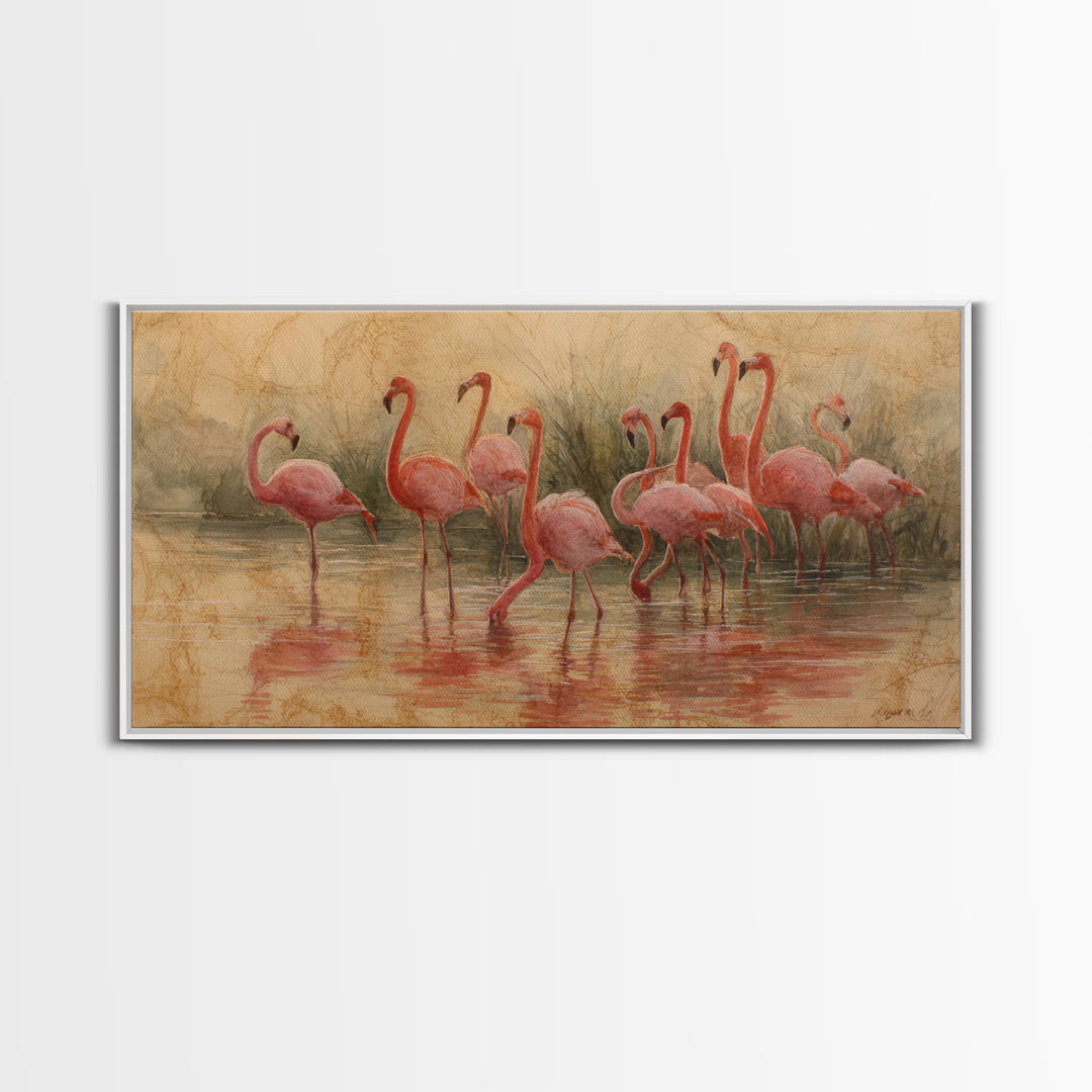 Flamingos in Pink Shallow Water Canvas Print, Wildlife Art, Textured Painting, Living Room Decor, Watercolor Art, Wild, WIL-2x1-66