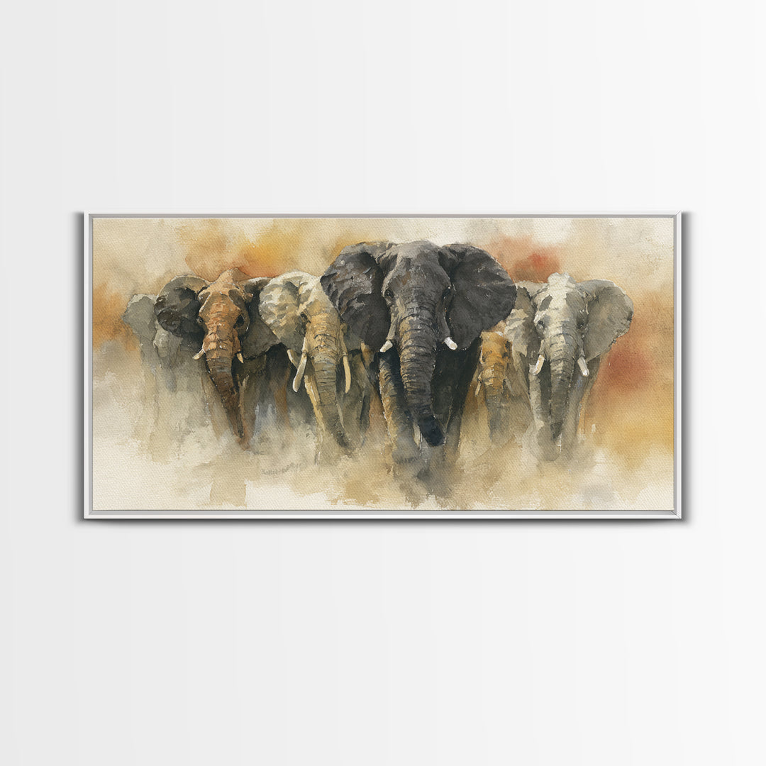 Elephant Herd Walking Through Dusty Sunset Canvas Print, Wildlife Art, Wall Decor, Living Room Decor, Fine Art, Wild, WIL-2x1-70