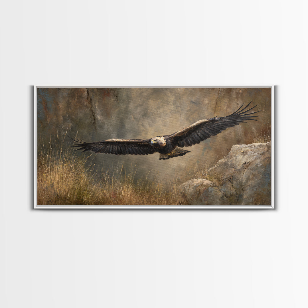 Eagle Soaring Above Rocky Cliffs Canvas Print, Wildlife Art, Living Room Decor, Watercolor Art, Wild, Living Room Wall Art, WIL-2x1-74