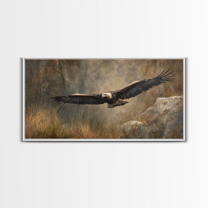 Eagle Soaring Above Rocky Cliffs Canvas Print, Wildlife Art, Living Room Decor, Watercolor Art, Wild, Living Room Wall Art, WIL-2x1-74