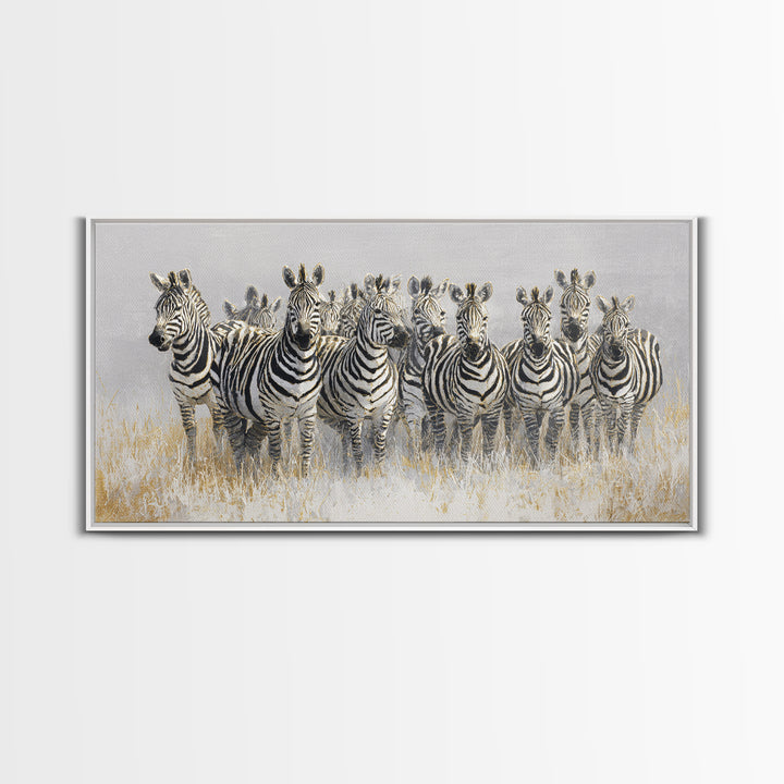 Zebra Herd in Graphic Black and White Framed Canvas Print, Wildlife Art, Bird Wall Art, Living Room Decor, Fine Art, Wild, WIL-2x1-79