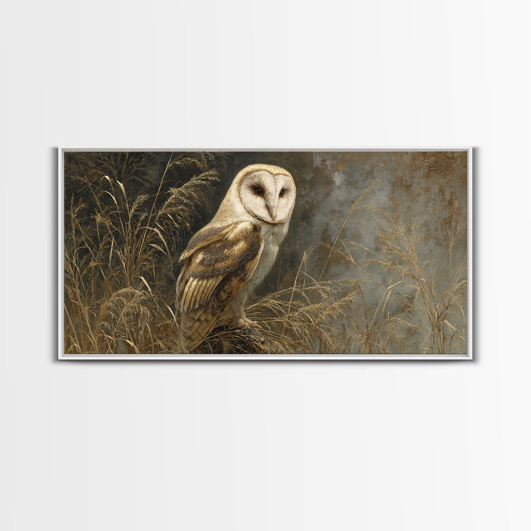 Owl Perched in Moonlit Woodland Framed Canvas Print, Wildlife Art, Living Room Wall Art, Living Room Decor, Fine Art, Wild, WIL-2x1-80