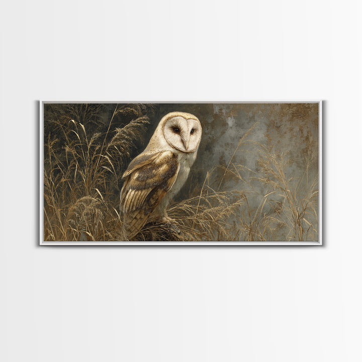 Owl Perched in Moonlit Woodland Framed Canvas Print, Wildlife Art, Living Room Wall Art, Living Room Decor, Fine Art, Wild, WIL-2x1-80